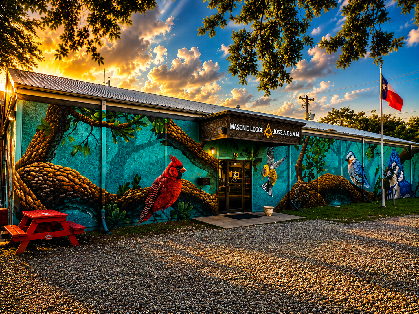 The League City Masonic Lodge building at sunset, with its bird mural and the Texas flag
